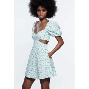 Zara Summer Mini Dress Skater Cut Out Floral Puff Sleeve Mini Dress XL